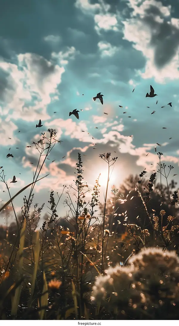 Sunset Sky with Birds Flying Over Grass Field