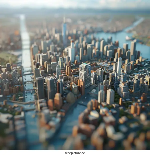 Miniature City Model with Skyscrapers and River