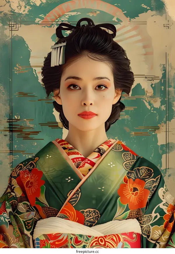 Portrait of a young Japanese woman in traditional kimono