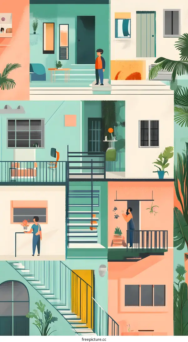 Colorful Illustration of a Building With People on Each Floor