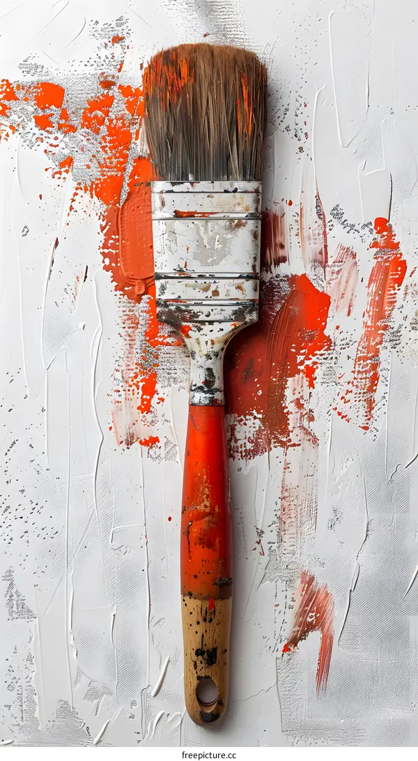Old Paint Brush with Orange Paint Splashes