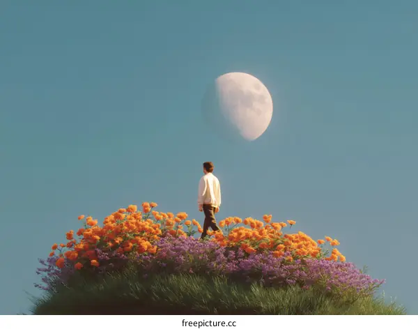 A Man Walks on a Hilltop of Flowers Under the Moon