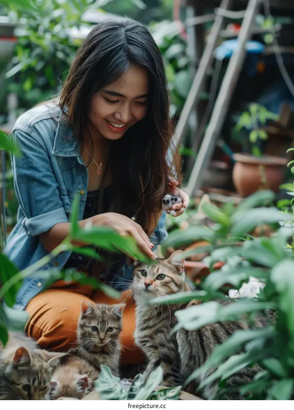 A young woman is petting two cats in a garden.