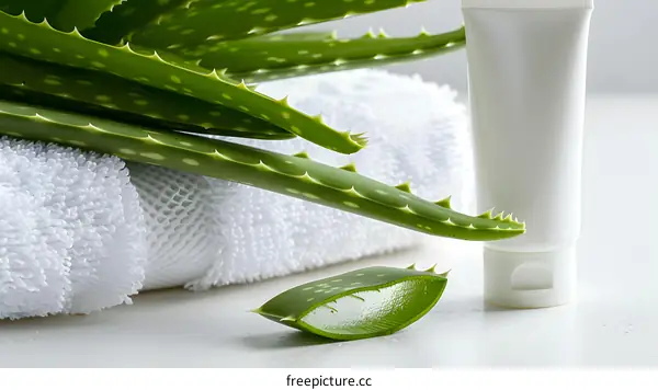 Aloe Vera Plant and Cream Tube on White Towel