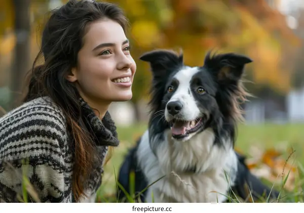 Young Woman and Her Dog Enjoying Autumn Day in the Park