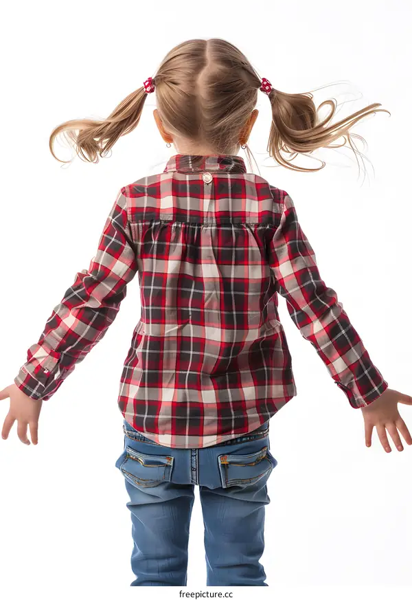 Little girl with blond hair in a plaid shirt and blue jeans
