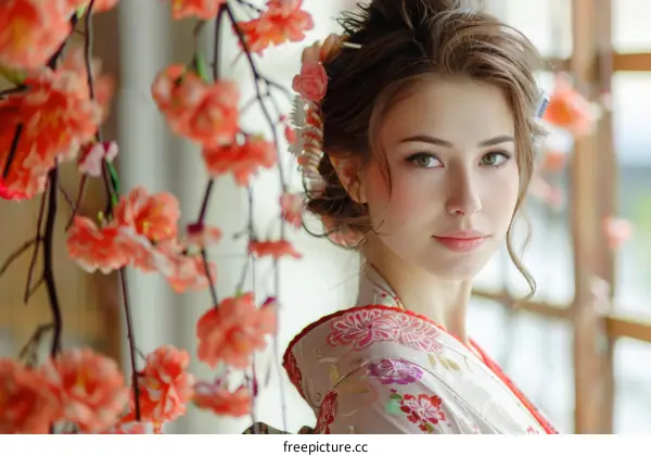 Beautiful Woman In Traditional Japanese Kimono With Cherry Blossoms
