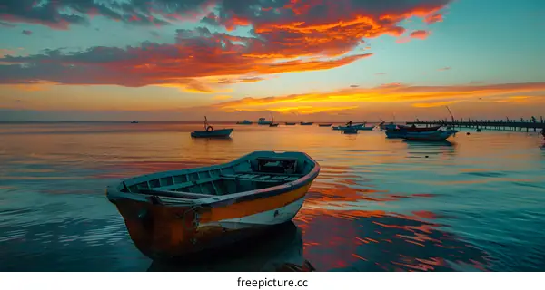 Fishing boat on the beach at sunset