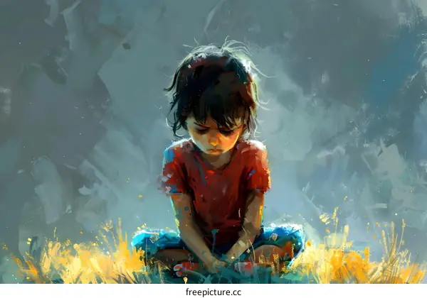 Sad Child Sitting in a Field