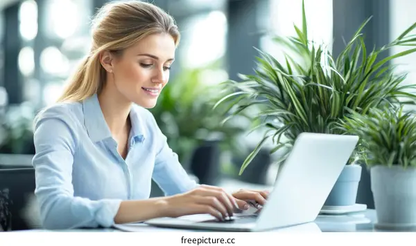 Business Woman Working on Laptop in Modern Office