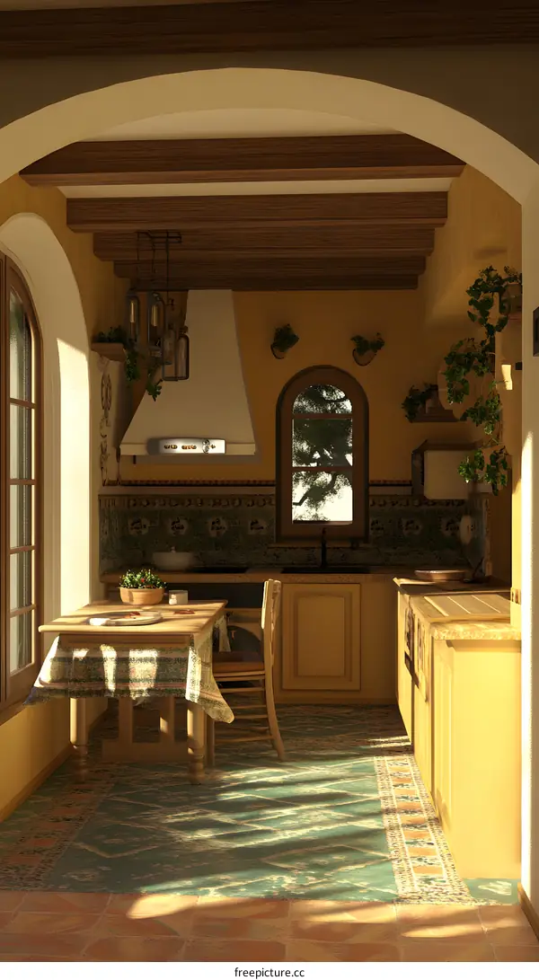 Rustic Kitchen Interior Design With Wooden Beams And Tiled Floor