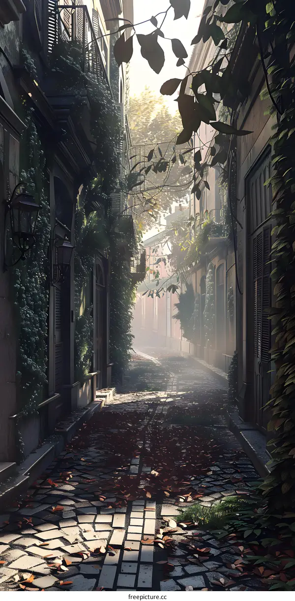 Cobblestone Street in a Foggy European Town