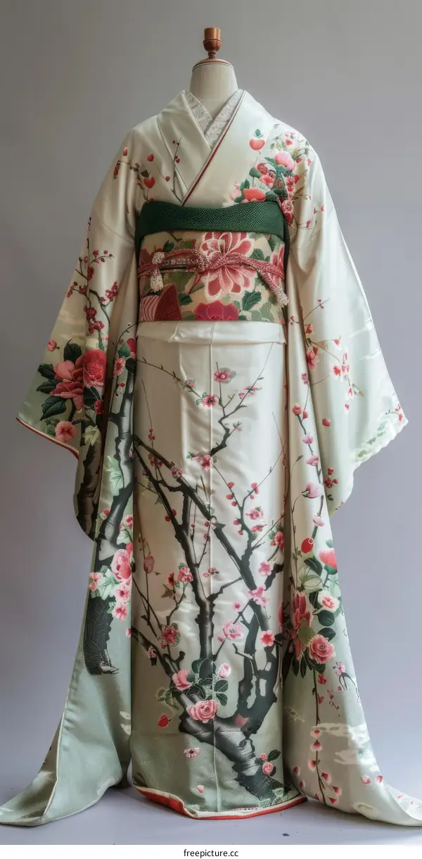 A kimono with a pattern of cherry blossoms and plum blossoms