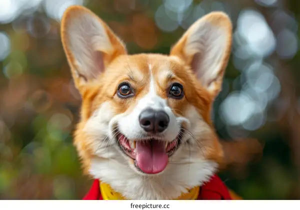 A happy corgi dog wearing a red and yellow scarf