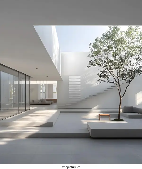 Modern Minimalist Interior Design with Skylight and Tree
