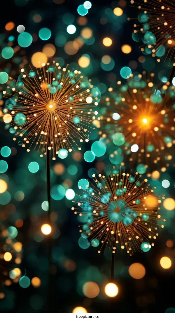 Glowing Dandelions with Teal and Gold Bokeh