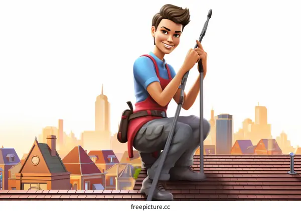 Smiling Caucasian Man in Work Clothes and Tool Belt Squeegees Window on Rooftop