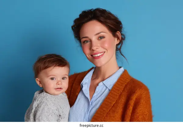 Mother and Baby Portrait Against a Blue Background