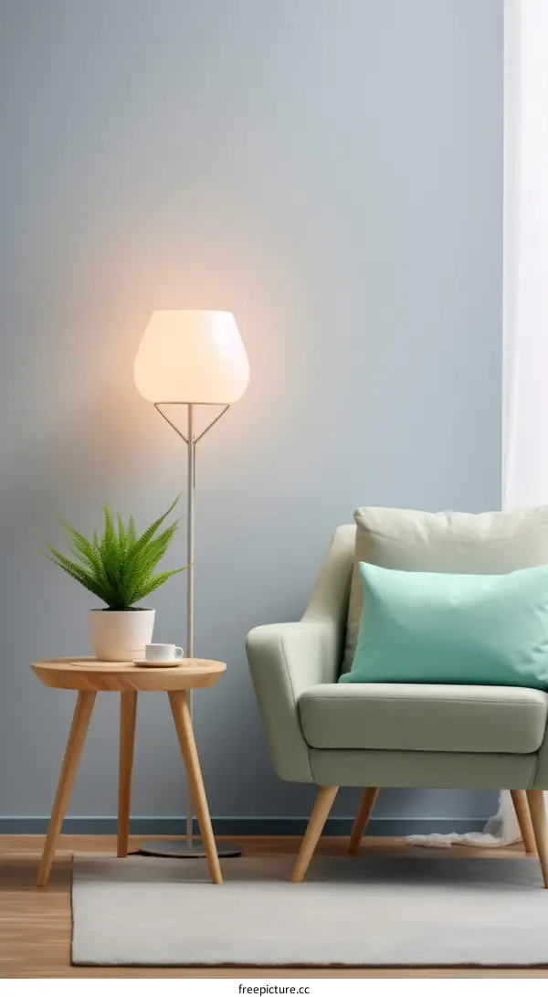 Stylish Floor Lamp and Comfortable Armchair in Living Room Interior