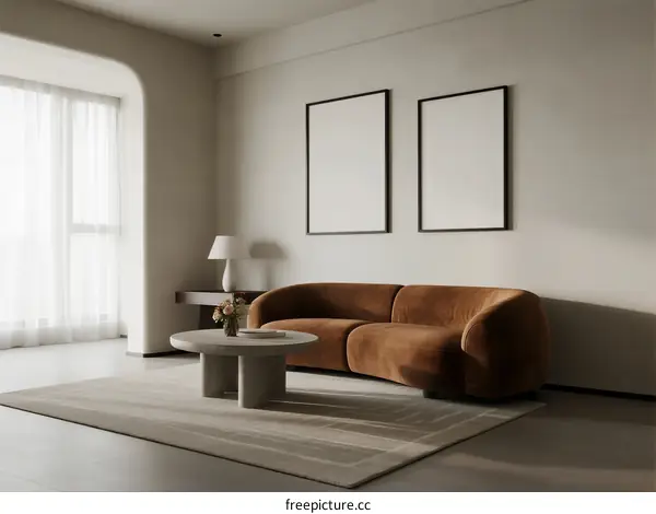 Modern living room with brown sofa and empty picture frames