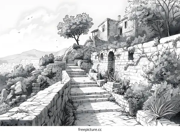 Stone buildings and stairs in a Mediterranean village