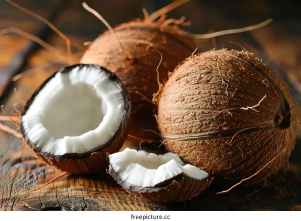 Coconut Trio on a Wooden Surface