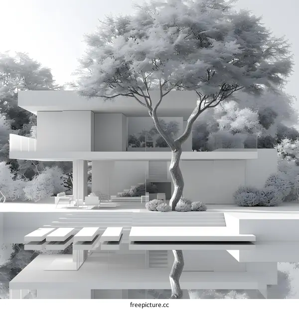 A modern house with a large tree in front of it.
