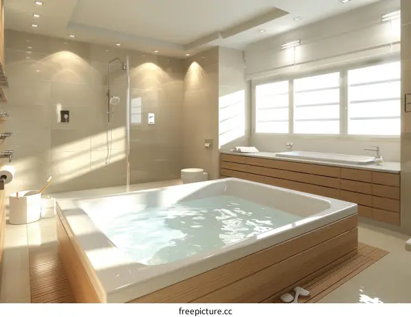 Modern Luxurious Bathroom with Wooden Bathtub and Glass Shower