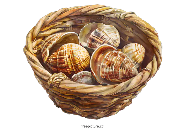 [Transparent Background PNG]Watercolor Painting of Seashells in a Basket