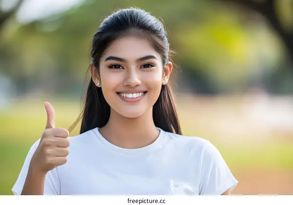 Smiling Asian Woman Giving Thumbs Up Outdoors