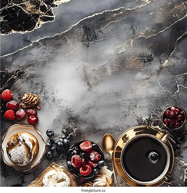Black Coffee with Sweet Pastry and Fresh Berries on Marble Surface
