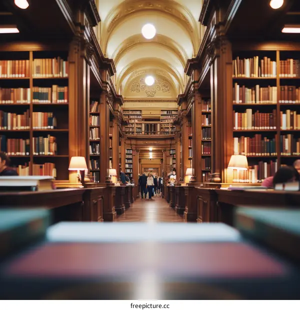 People walking in a library with bookshelves on both sides