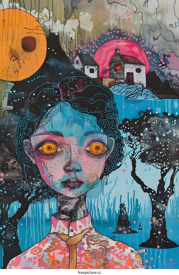 Surreal Portrait of a Girl with Yellow Eyes and a Psychedelic Background