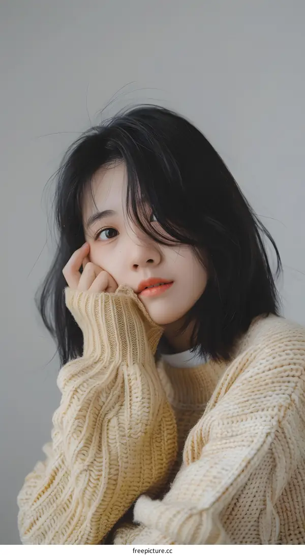 Portrait of a Young Woman with Short Hair Wearing a Beige Knit Sweater