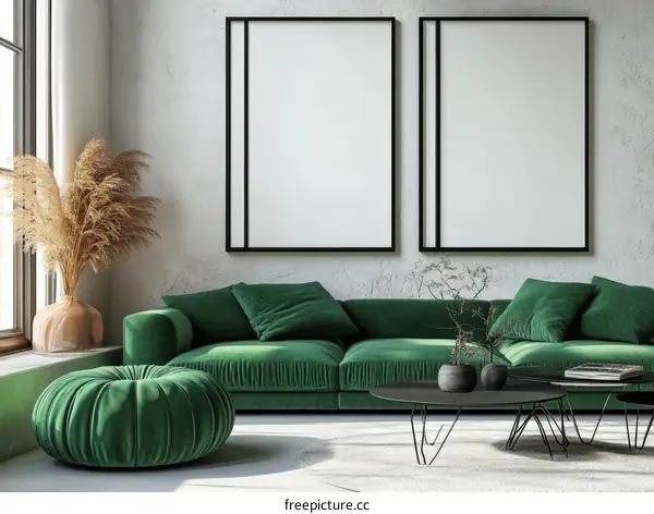 Modern Living Room Interior Design with Green Velvet Sofa