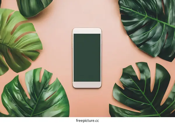 Tropical Leaves and Phone Mockup on Peach Background