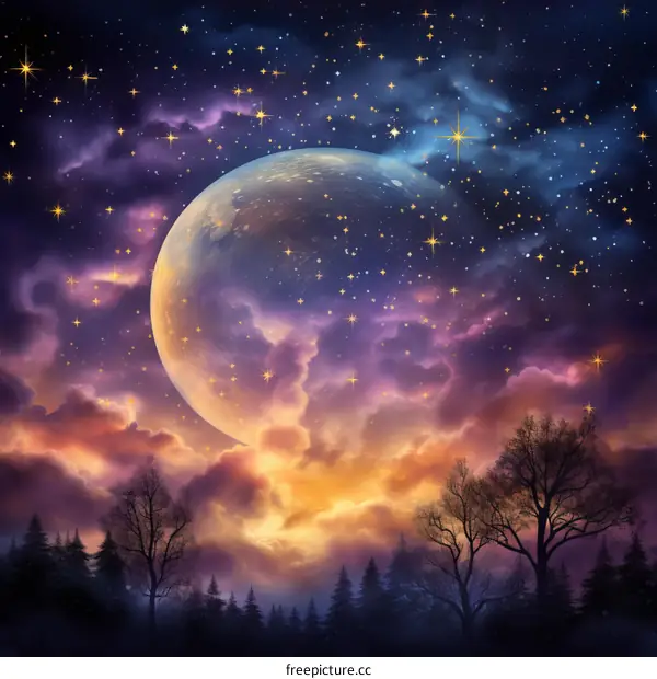 Fantasy landscape with a large moon and colorful sky