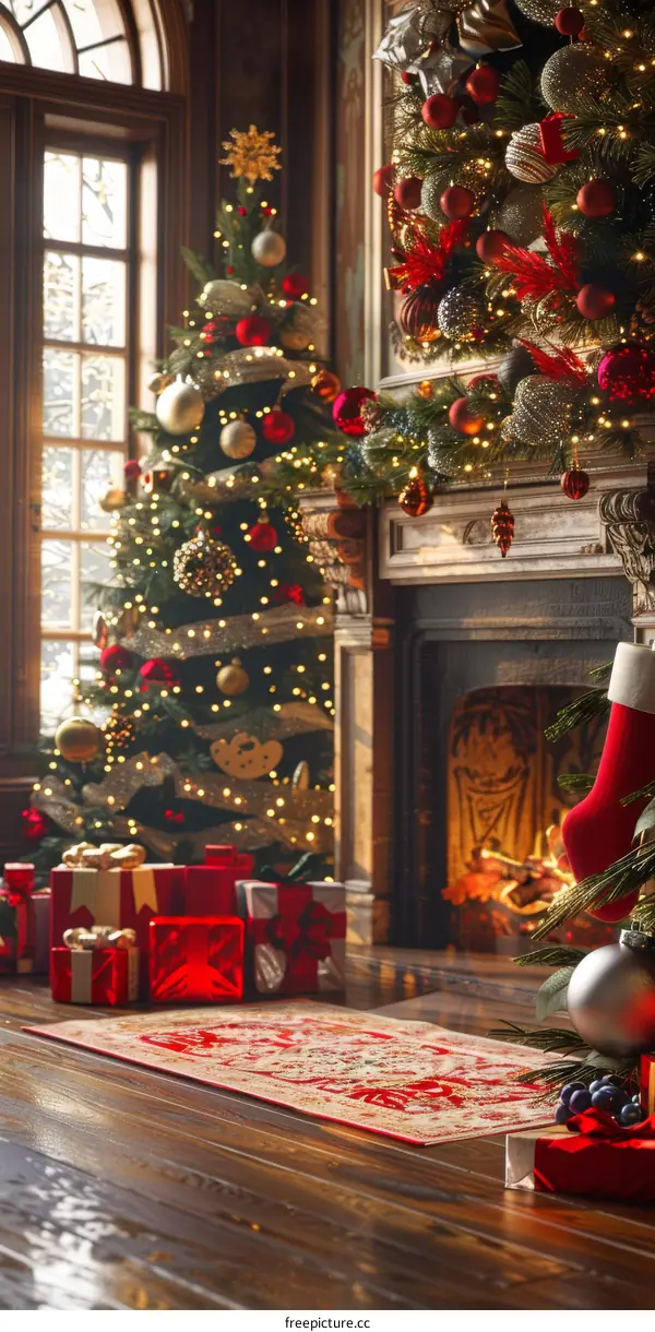 Cozy Christmas Living Room with Fireplace and Decorated Xmas Tree