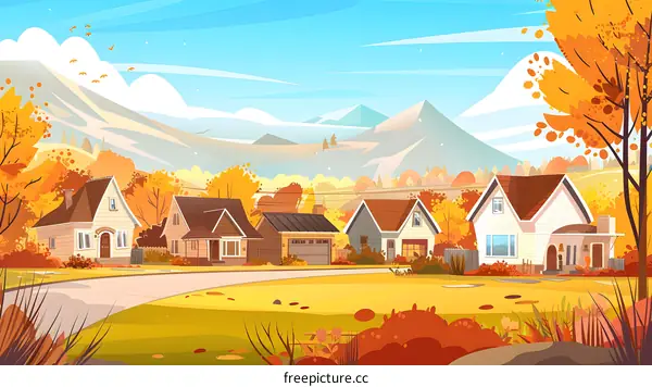 Autumn Landscape with Colorful Trees and Houses