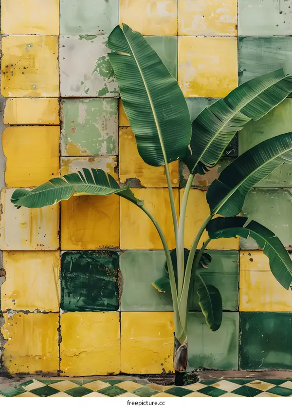 Green Banana Leaves Against Yellow and Green Tiled Wall