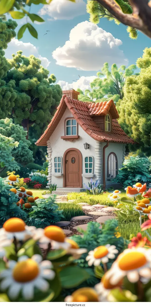 Cute cottage house in the middle of a lush green forest