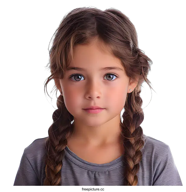[Transparent Background PNG]Portrait of a Young Girl with Brown Hair and Braids