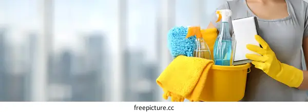 Woman Holding Cleaning Supplies in a Bucket