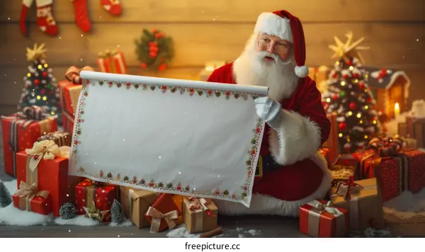 Santa Claus holding a blank paper surrounded by presents