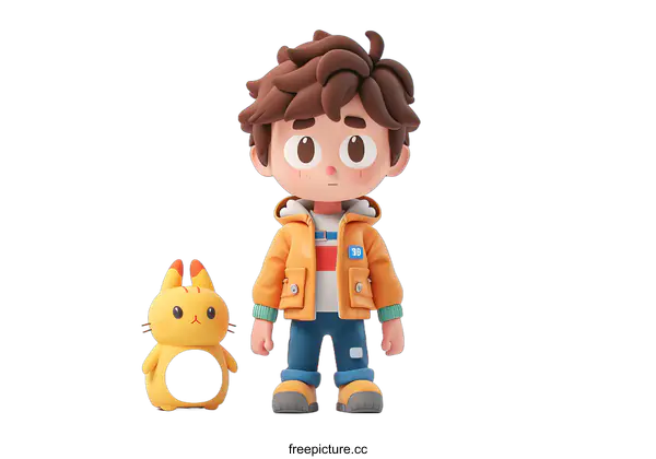 [Transparent Background PNG]boy and cat 3d illustration