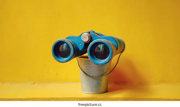 Vintage Blue Binoculars Resting in a Metal Bucket Against a Vibrant Yellow Background