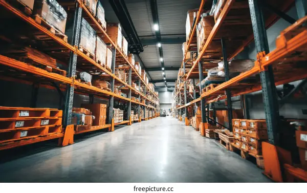 Wide Warehouse Interior with Orange Storage Racks
