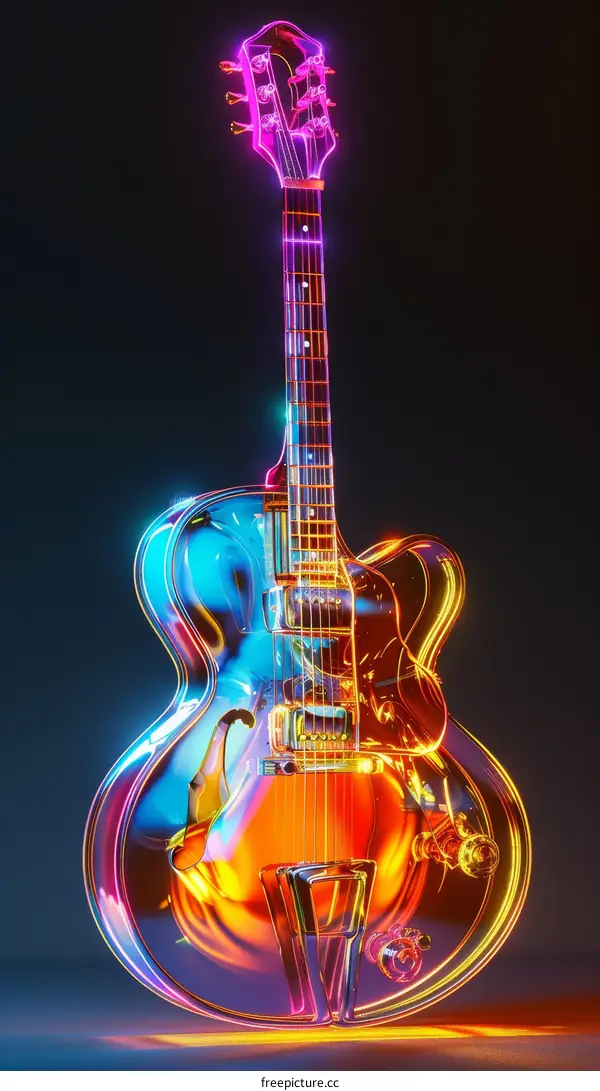 A 3D rendering of an electric guitar with a rainbow-colored glow.