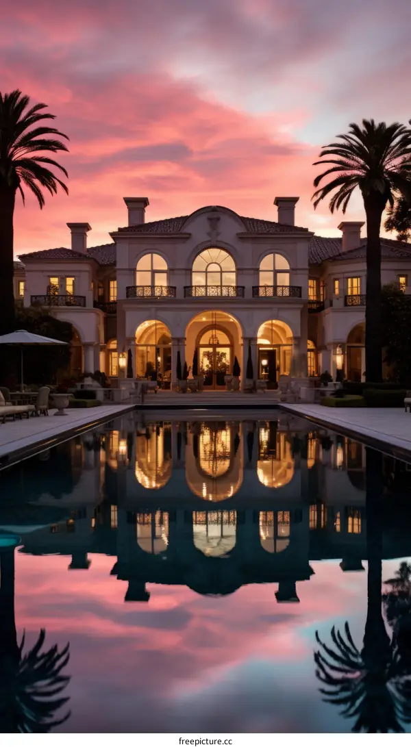 A luxurious mansion with a pool reflecting the stunning sunset sky