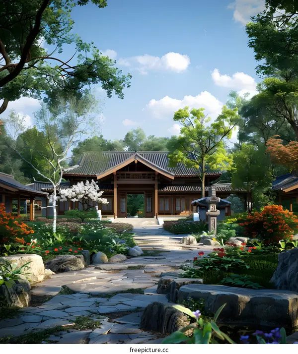 Traditional Chinese Garden with a Stone Path